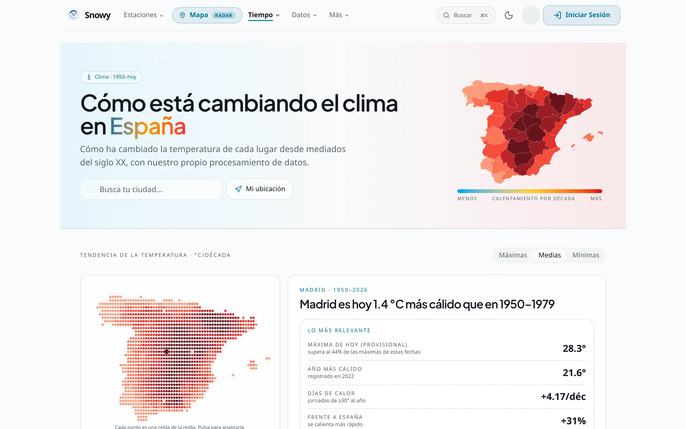 Snowy historical climate module with a warming map of Spain