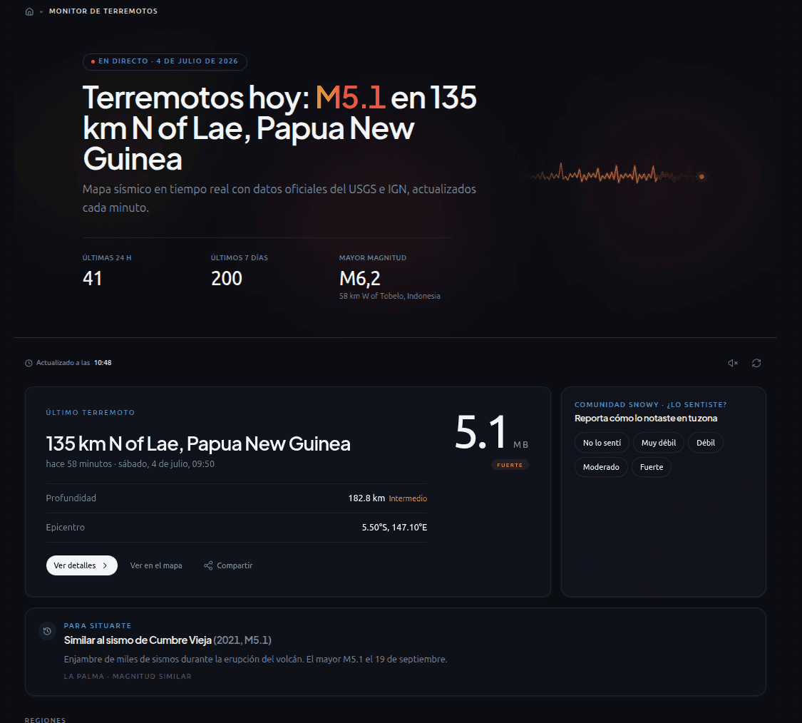 Monitor de terremotos de Snowy con evento sismico reciente