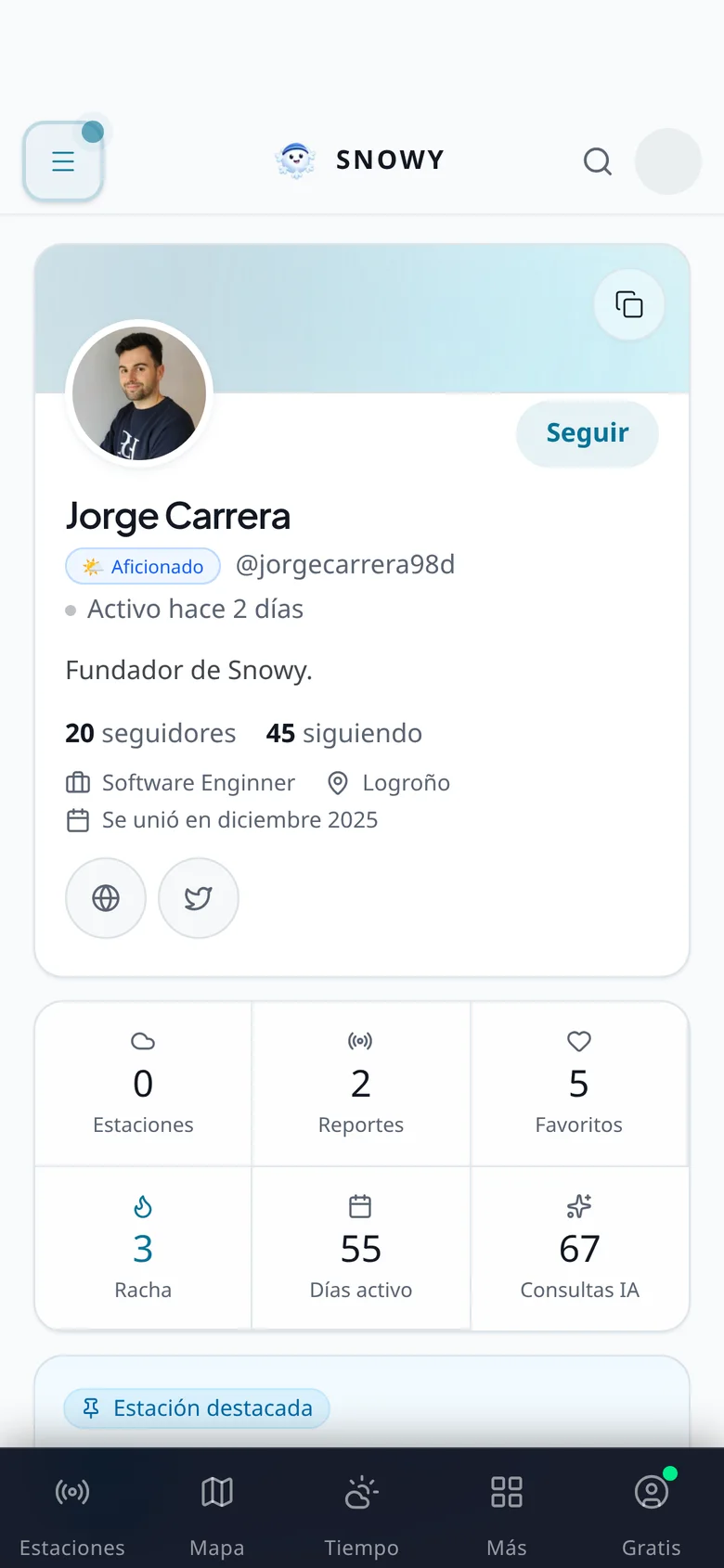 A Snowy user profile with activity stats and their featured station