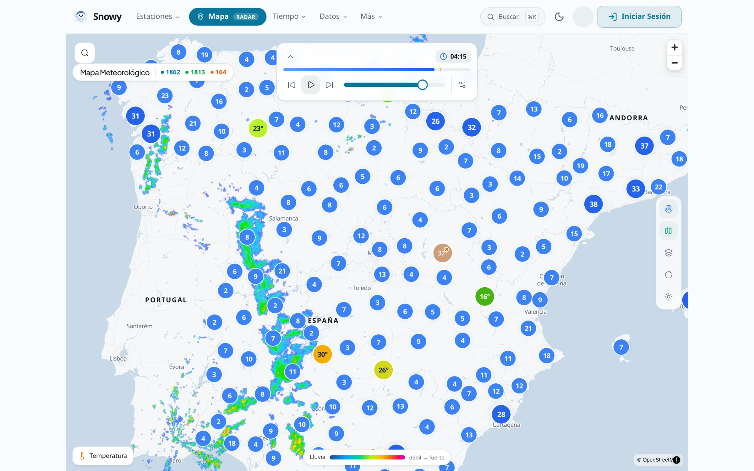 Snowy map showing the precipitation radar over Spain with active stations