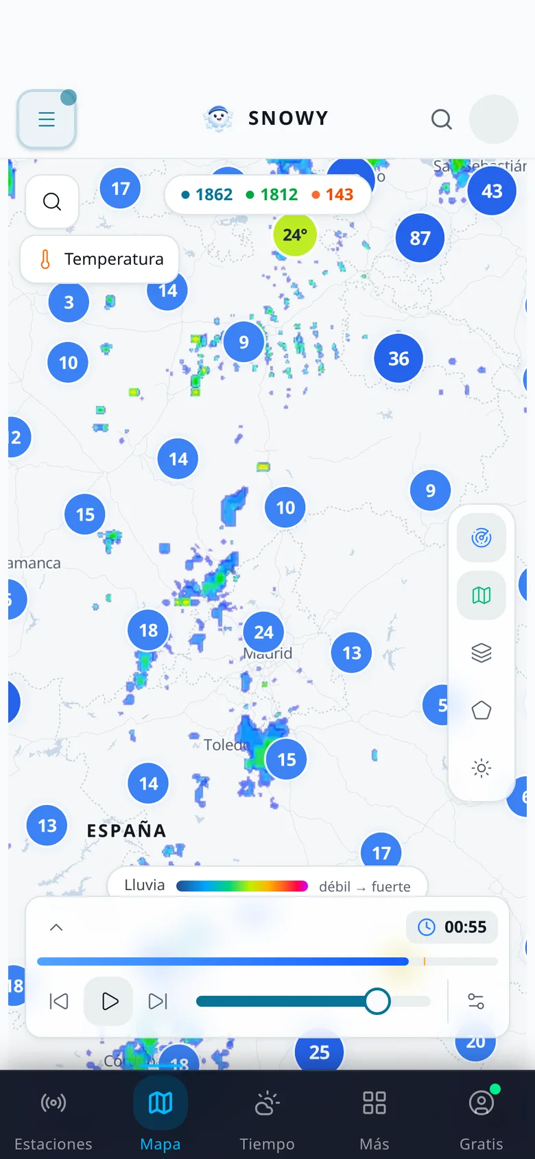 Snowy map showing the precipitation radar over Spain with active stations