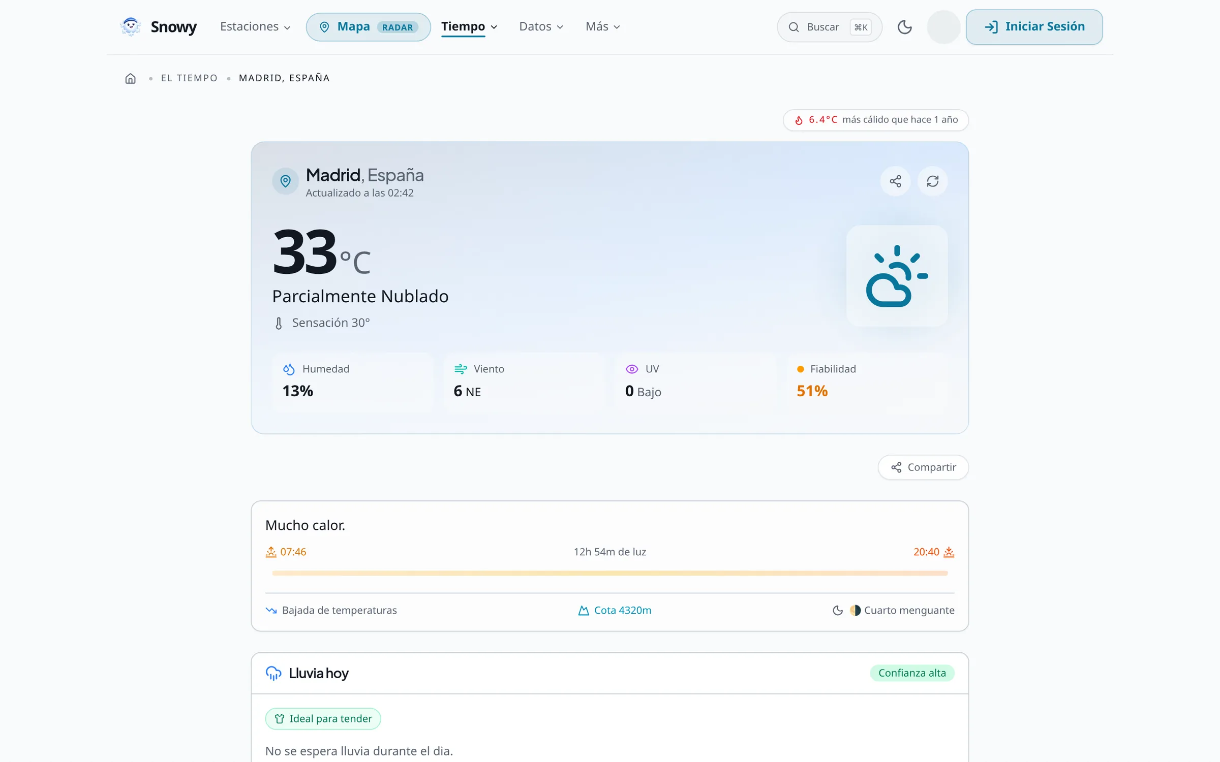 Weather station detail in Snowy with live metrics