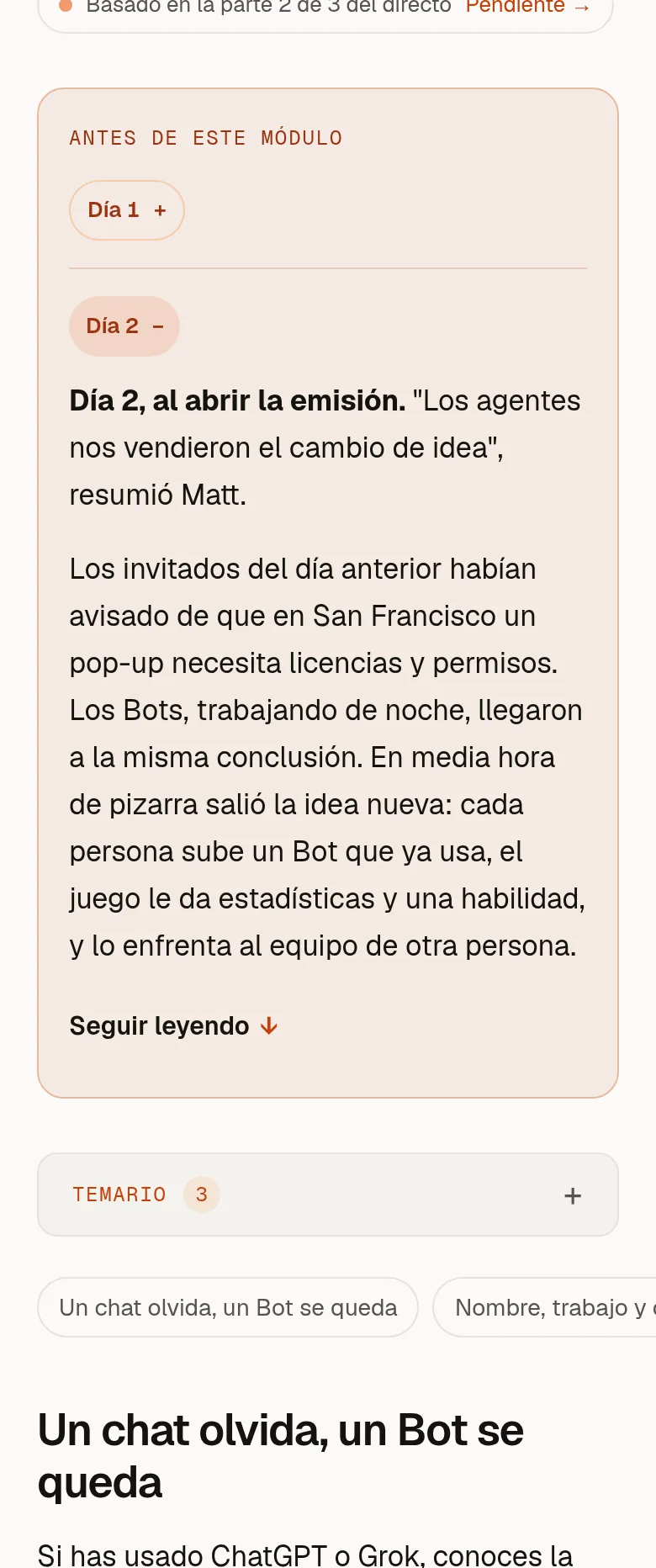 Una lección del curso en un móvil, con el contexto del directo y el temario
