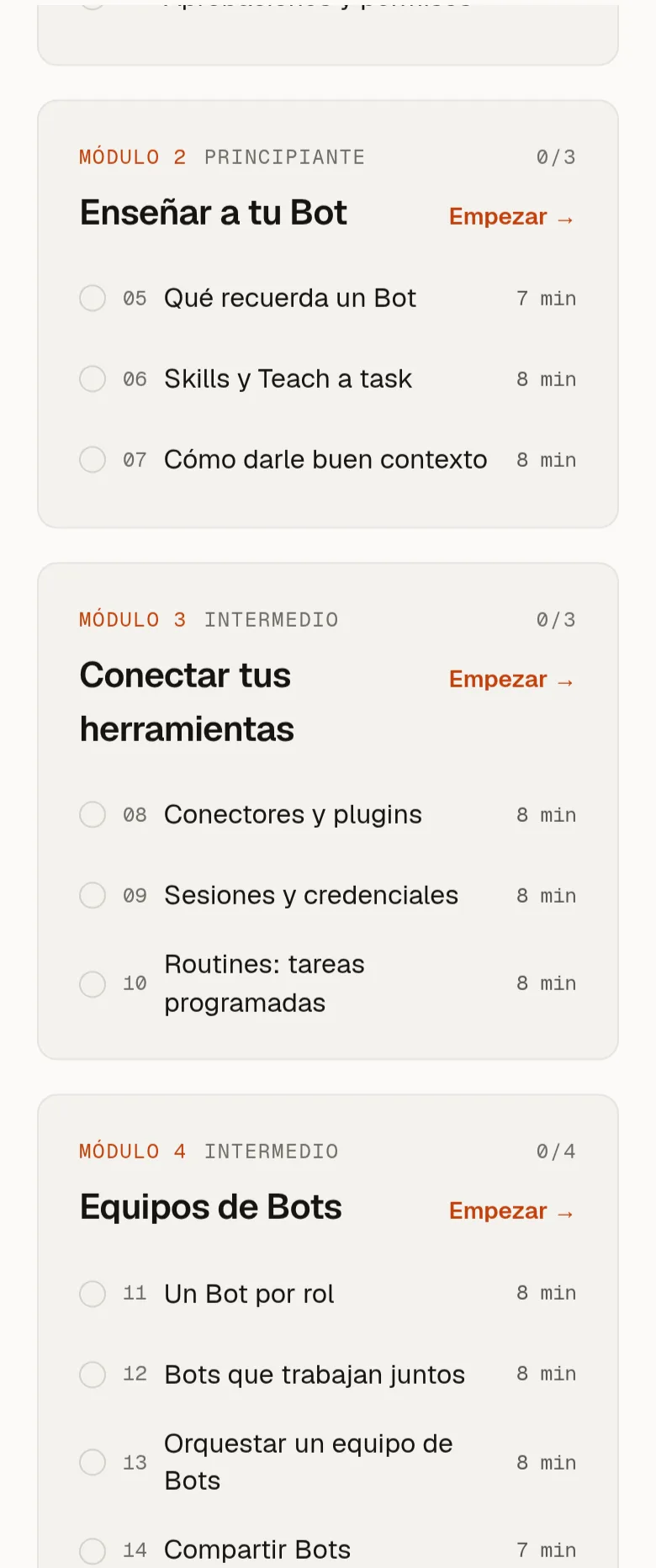 El curso de Grok Bot en un móvil, con los módulos y sus lecciones