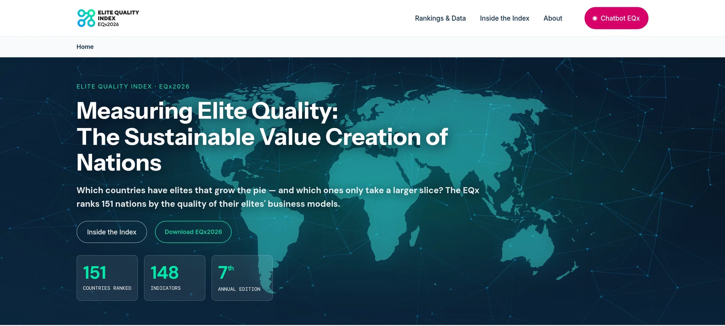 elitequality.org homepage with the Elite Quality Index world map