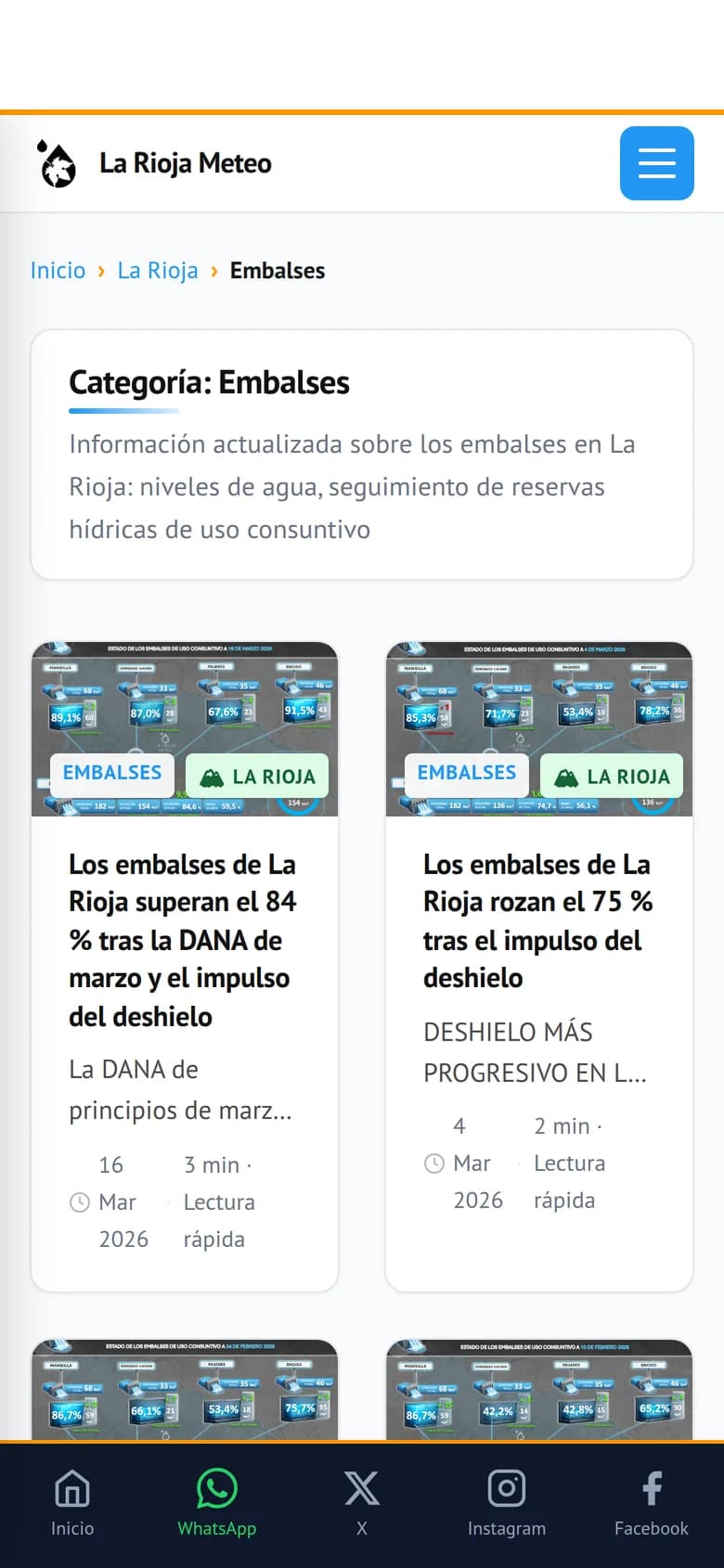 Categoría de embalses de LaRiojaMeteo en un móvil, con los datos integrados desde Snowy