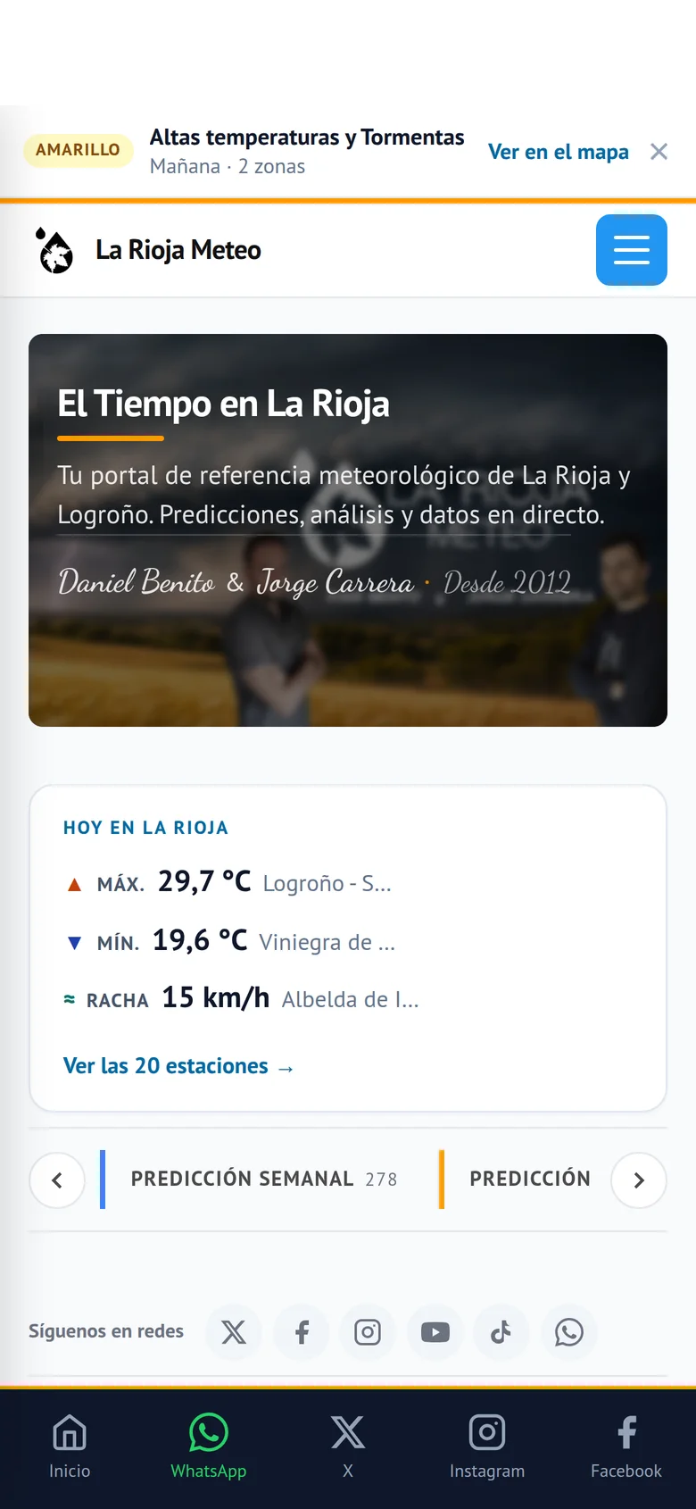 Portada de LaRiojaMeteo en un móvil, con el aviso activo y los datos del día
