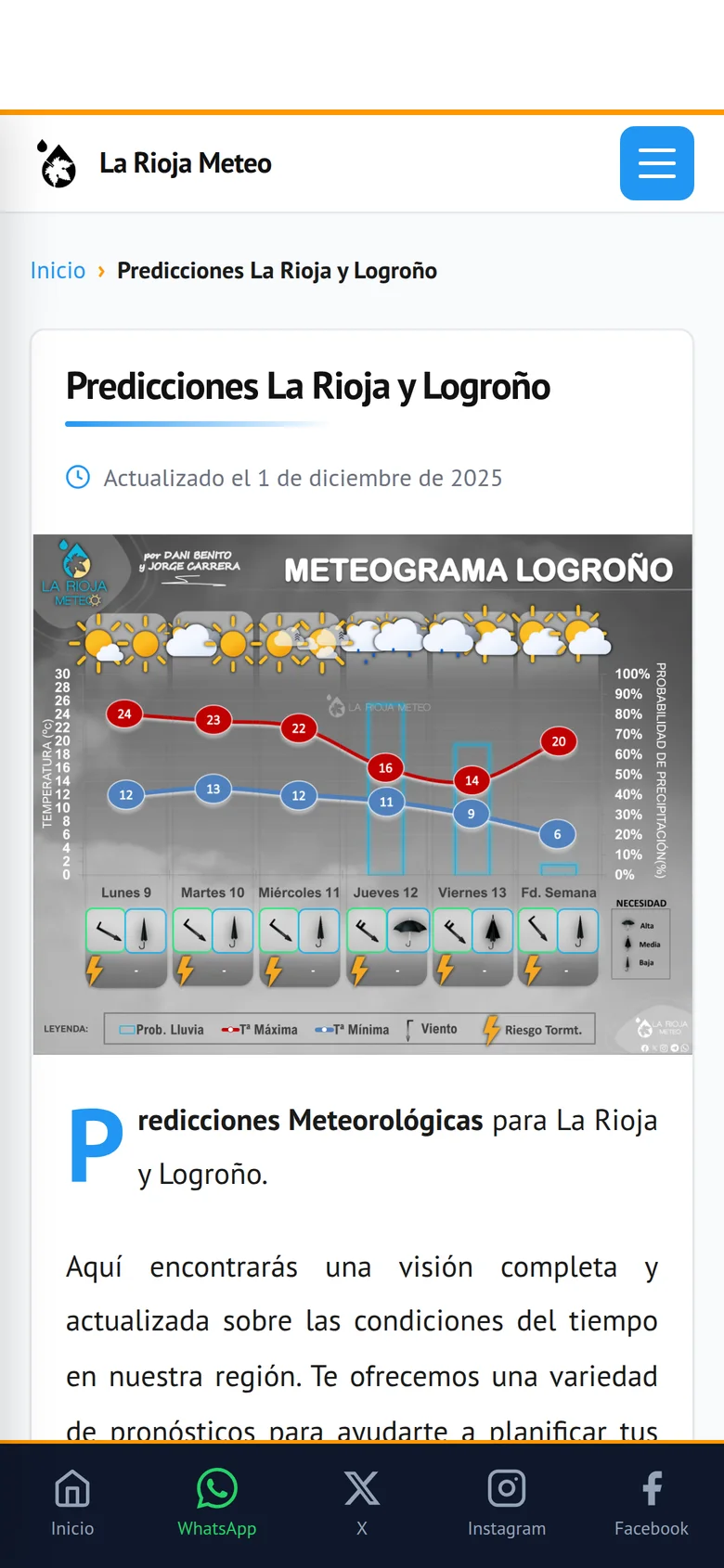 Sección de predicciones de LaRiojaMeteo en un móvil