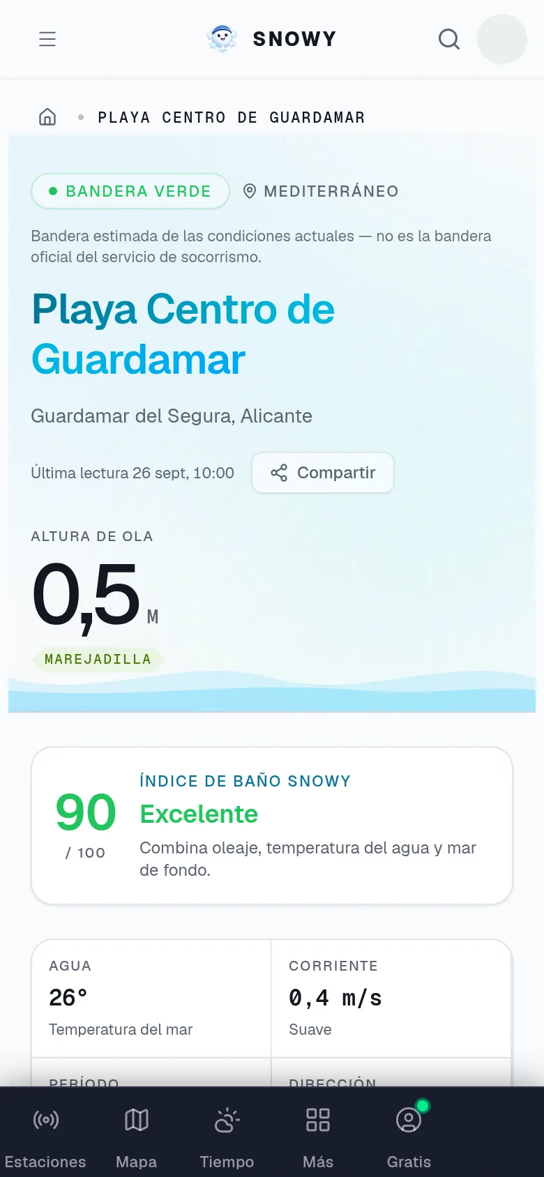 Página de la playa Centro de Guardamar en Snowy, con bandera verde y olas de 0,5 metros